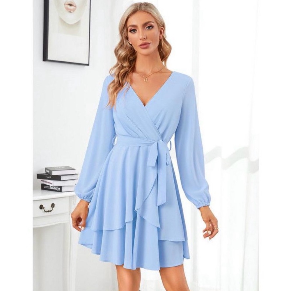 Light Blue Wrap Midi Dress with Tie Waist